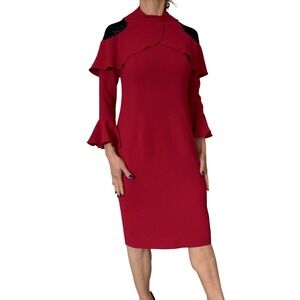 Rickie Freeman Teri Jon Red Sheath Dress Lace Inset Shoulder Crepe Ruffle 4